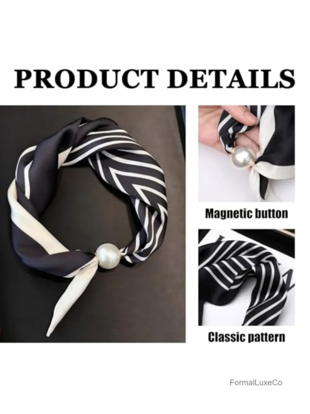 Magnetic Pearl Satin Scarf, Classic Printing, Fashion Neck Tie Hair Bandana